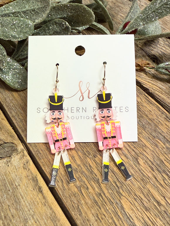 Acrylic Dangle Nutcracker Earrings | Pink