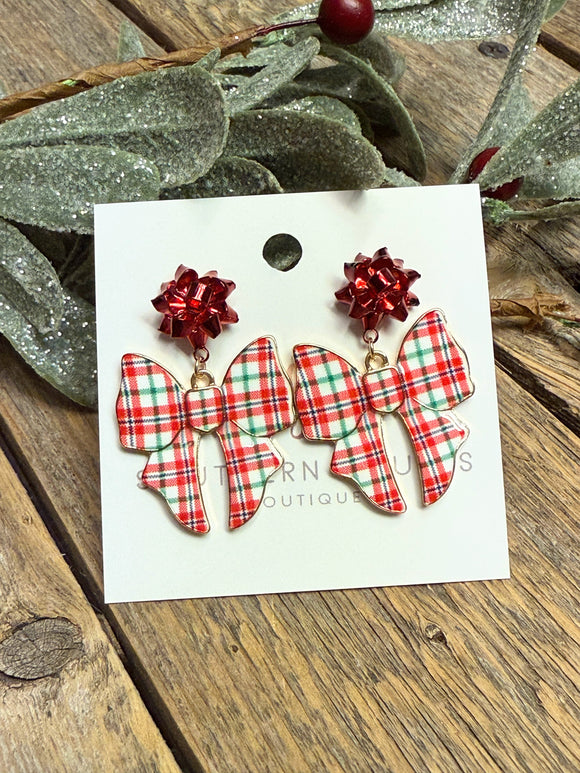 Plaid Christmas Bow Earrings | Red