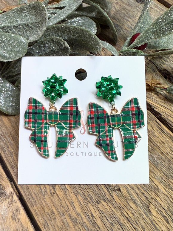 Plaid Christmas Bow Earrings | Green
