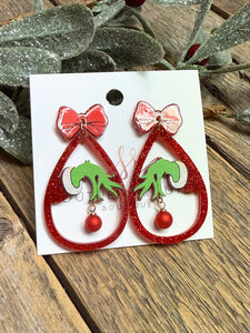 Glitter Grinch Acrylic Bow Earrings | Red