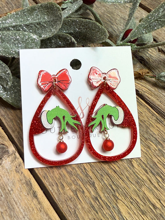 Glitter Grinch Acrylic Bow Earrings | Red