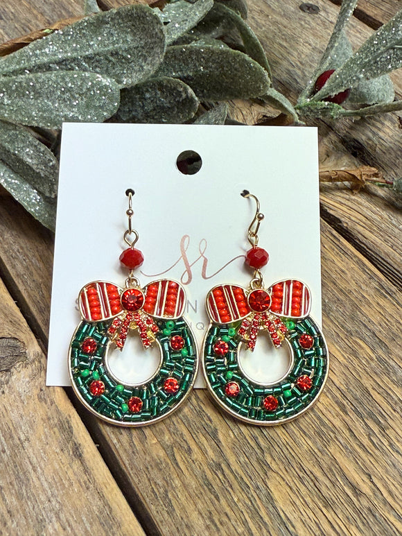 Christmas Wreath Bow Earrings | Red/Green