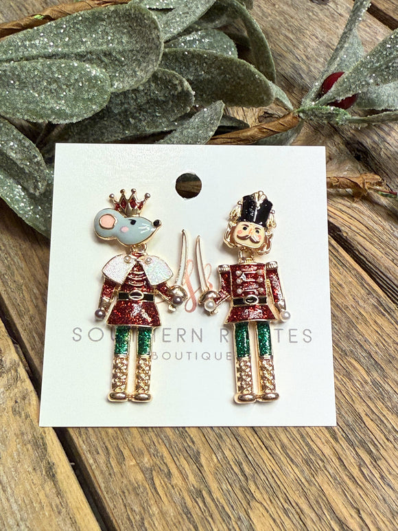 Glitter Nutcracker Mouse King Earrings | Red/Green