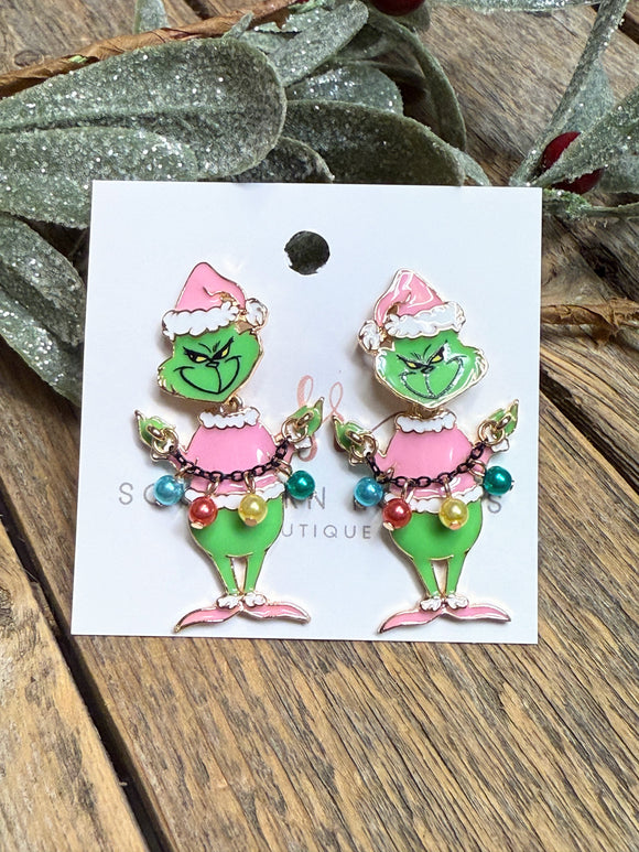 Grinch Ornament Earrings | Pink