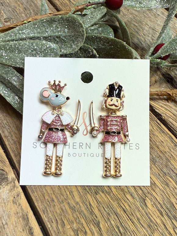 Glitter Nutcracker Mouse King Earrings | Pink/White