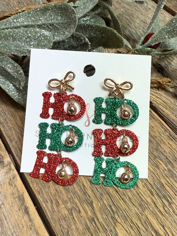 Ho Ho Ho Bow Bell Earrings | Red/Green