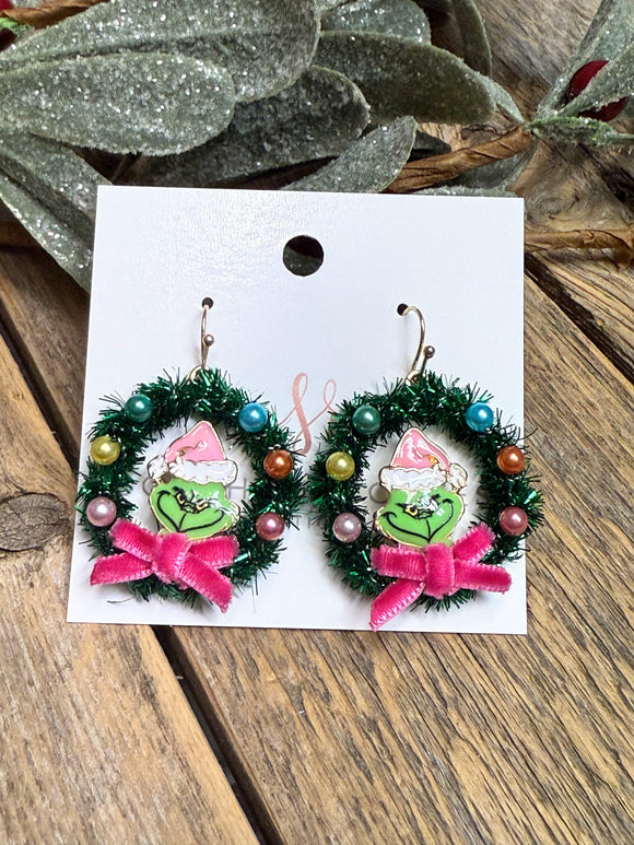 Grinch Tinsel Wreath Earrings | Pink