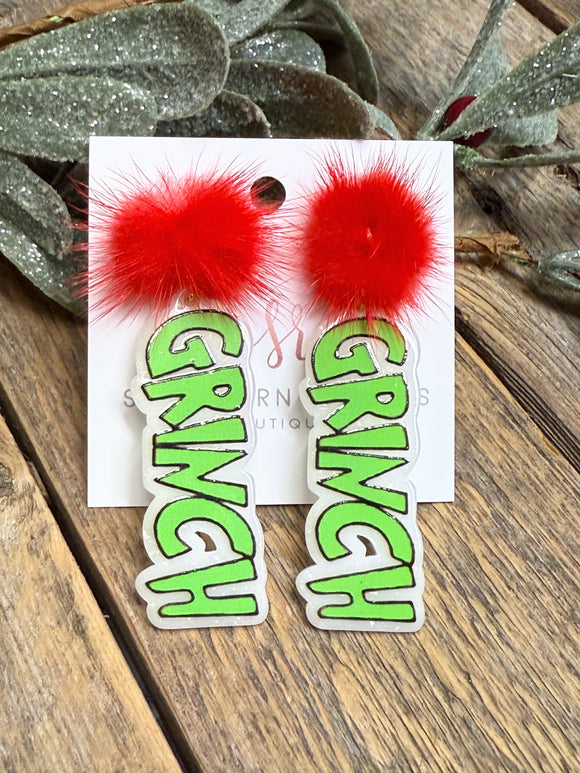 Grinch Fuzzy Pom Pom Earrings | Red