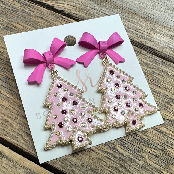 Bow Christmas Tree Earrings | Pink