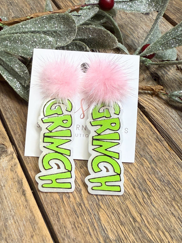 Grinch Fuzzy Pom Pom Earrings | Pink