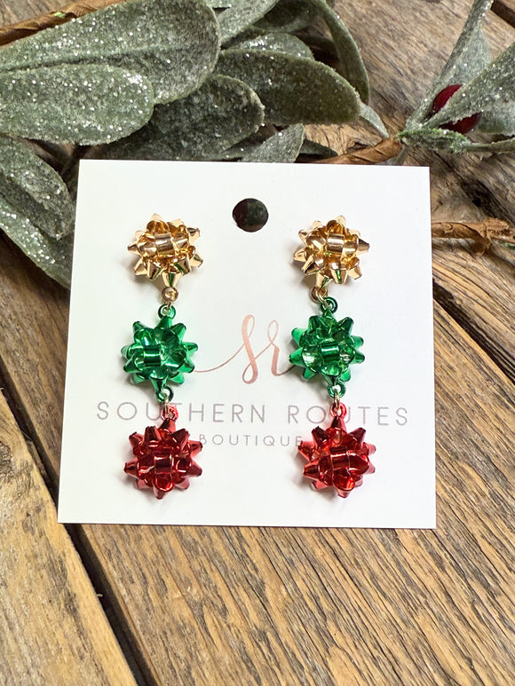 Wrapping Bow Trio Earrings | Gold/Green/Red