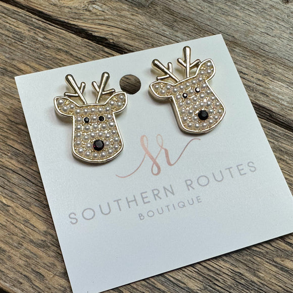 Reindeer Pearl Stud Earrings | Gold