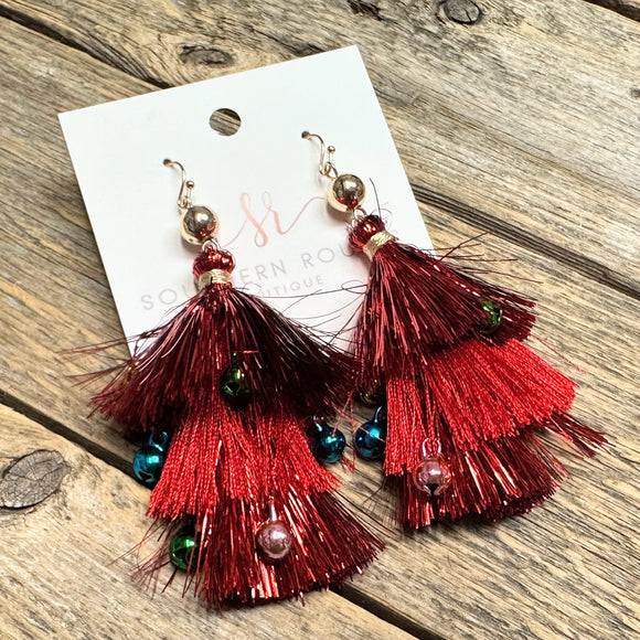 Tinsel Tassel Jingle Earrings | Red