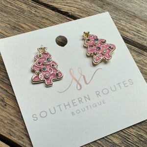 Christmas Tree Stud Earrings | Gold+Pink