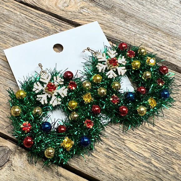 Christmas Tinsel Wreath Earrings | Green