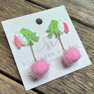 Glittered Grinch Hand Pom Earrings | Pink