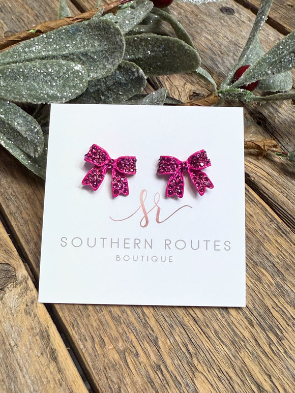 Ribbon Bow Crystal Pave Stud Earrings | Fuchsia