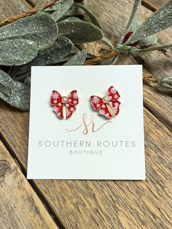 Snowflake Bow Pearl Stud Earrings | Red