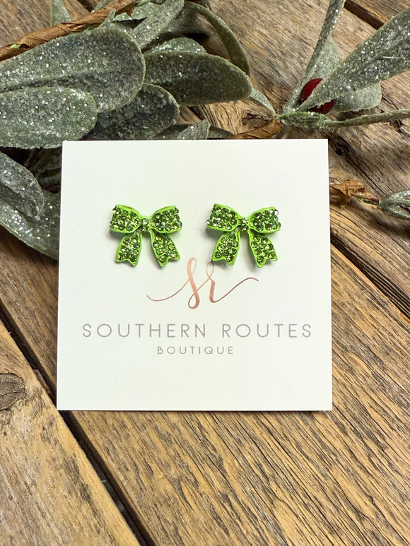Ribbon Bow Crystal Pave Stud Earrings | Green