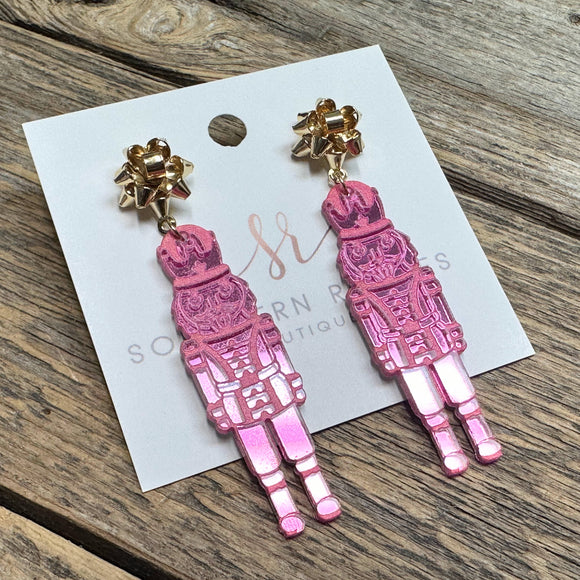 Nutcracker Mirrored Bow Earrings | Pink