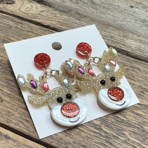 Glitter Acrylic Reindeer Earrings | Gold+Red