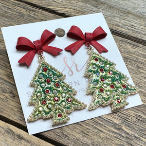 Bow Christmas Tree Earrings | Green+Red