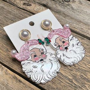 Pearl Glitter Santa Earrings | Light Pink