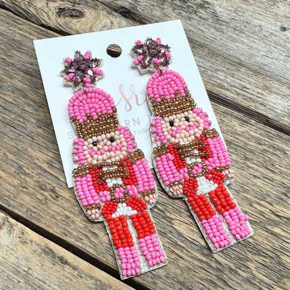 Seed Bead Nutcracker Statement Earrings | Pink