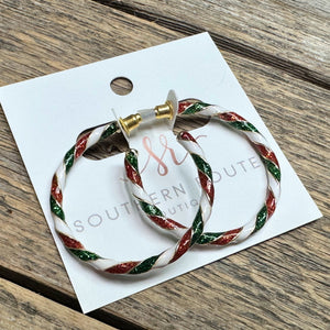 Candy Cane Twisted Hoop Earrings | Green+Red+White