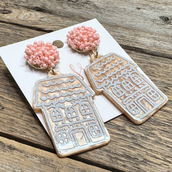 Gingerbread House Earrings | Light Pink