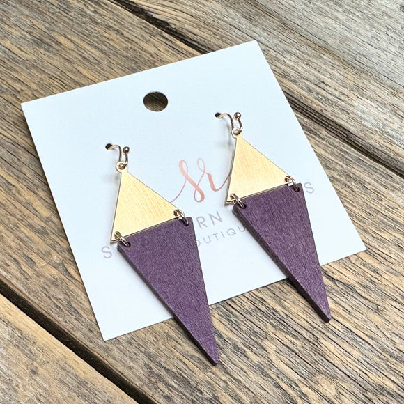 Narrow Triangle Wood Accent Earrings | Purple