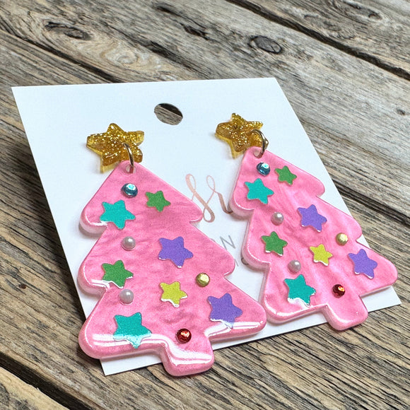 Glitter Acrylic Tree Earrings | Pink