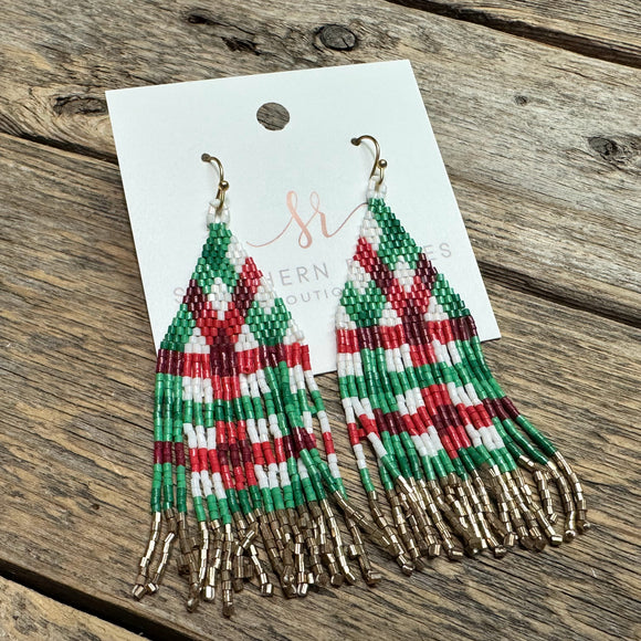 Checker Seed Bead Earrings | Green+Red+White