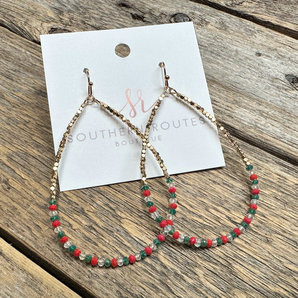 Teardrop Bead Earrings | Green+Red+White