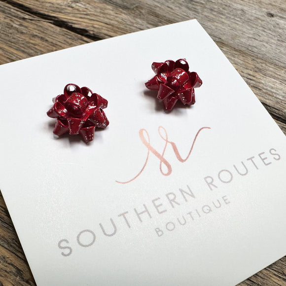 Red Christmas Bow Earrings | Petite Studs