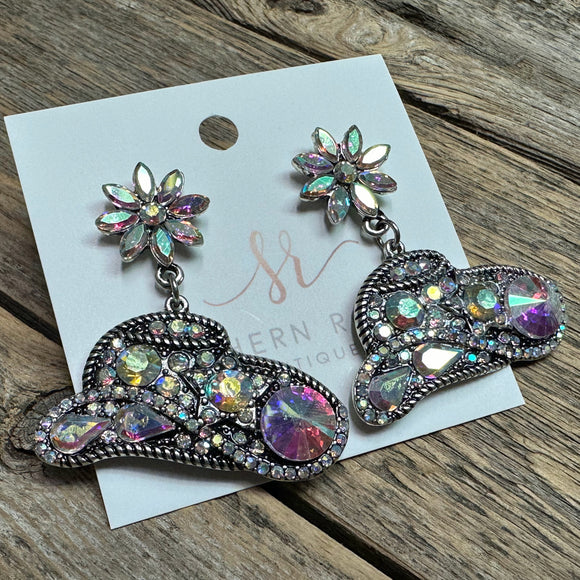 AB Rhinestone Cowboy Hat Earrings | Silver