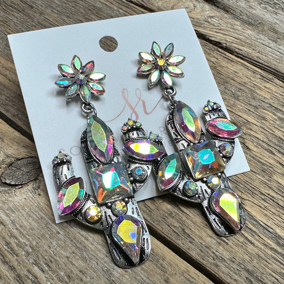 AB Rhinestone Cactus Earrings | Silver