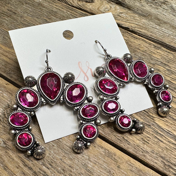 Fuchsia Rhinestone Arch Earrings Silver - Main Image