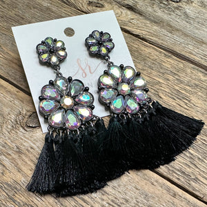 AB Rhinestone Large Fringe Earrings | Black