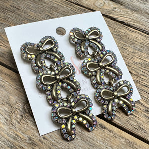 AB Rhinestone Layered Coquette Bow Earrings | Antique Gold