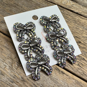 AB Rhinestone Layered Coquette Bow Earrings | Antique Silver