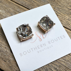 Square Rhinestone Stud Earrings | Clear+Gold