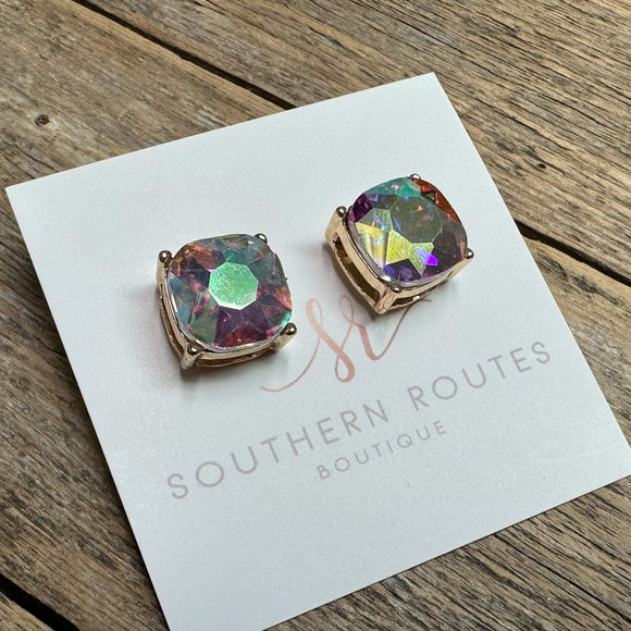 Square Rhinestone Stud Earrings | AB+Gold