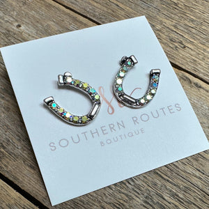 AB Crystal Horseshoe Stud Earrings | Silver