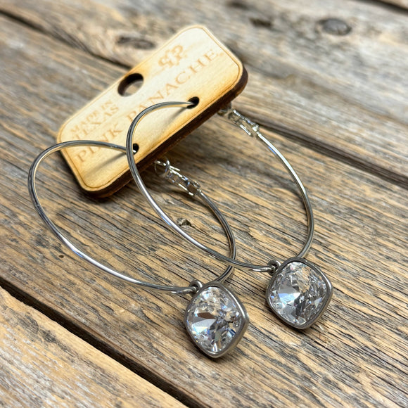Clear Crystal | Silver | Large Hoops | Pink Panache