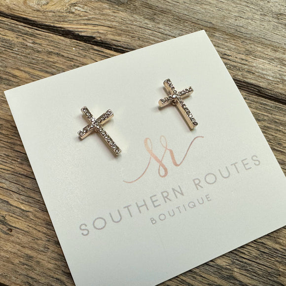 Clear Crystal Cross Stud Earrings | Gold