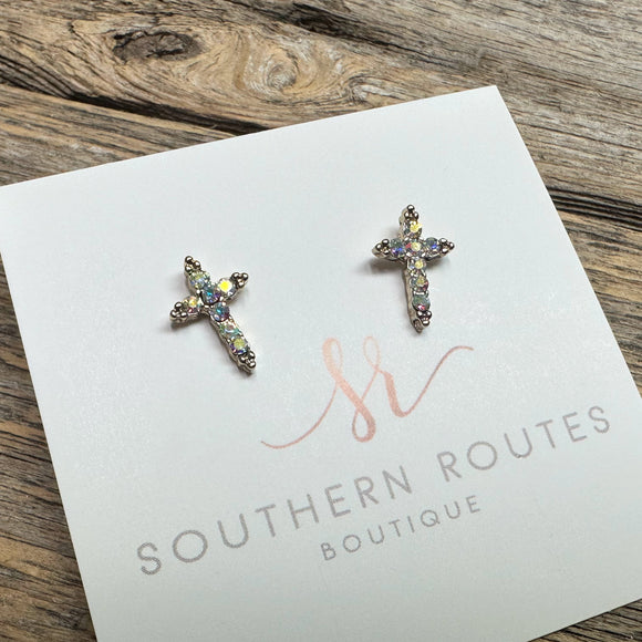 AB Crystal Cross Stud Earrings | Gold