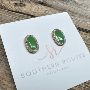 Oval Crystal Outline Stud Earrings | Green