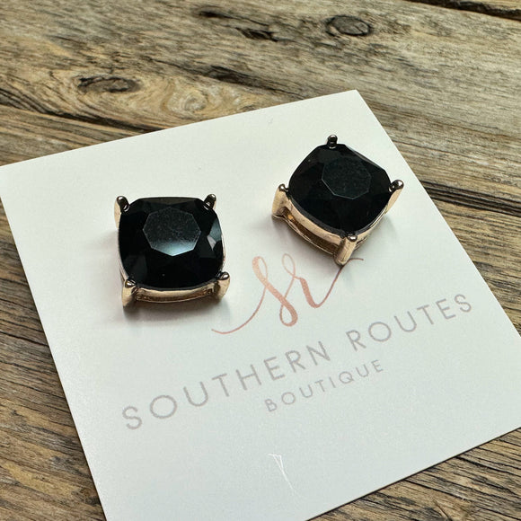 Large Square Crystal Stud Earrings | Black