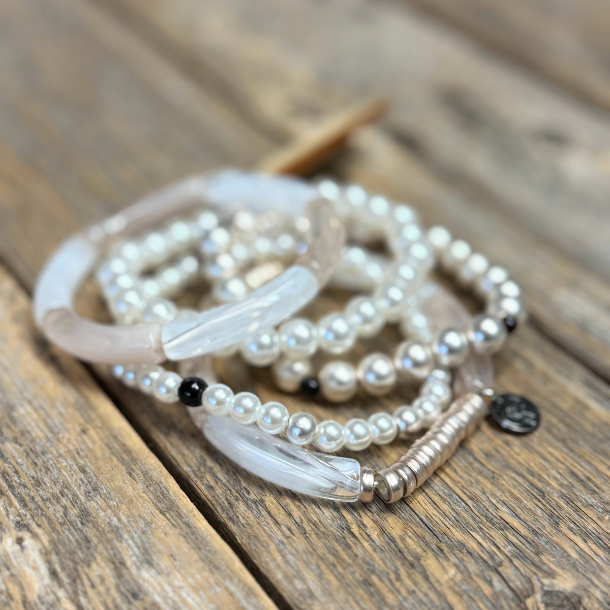 Ivory/Blush Acrylic+Pearl Bracelet Set | Pink Panache